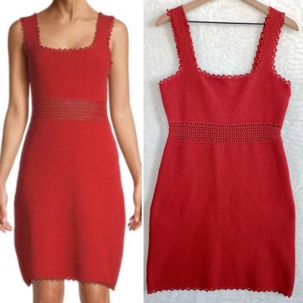 Rebecca Taylor Open Knit Crochet Sheath Dress Pomodoro Red Size M